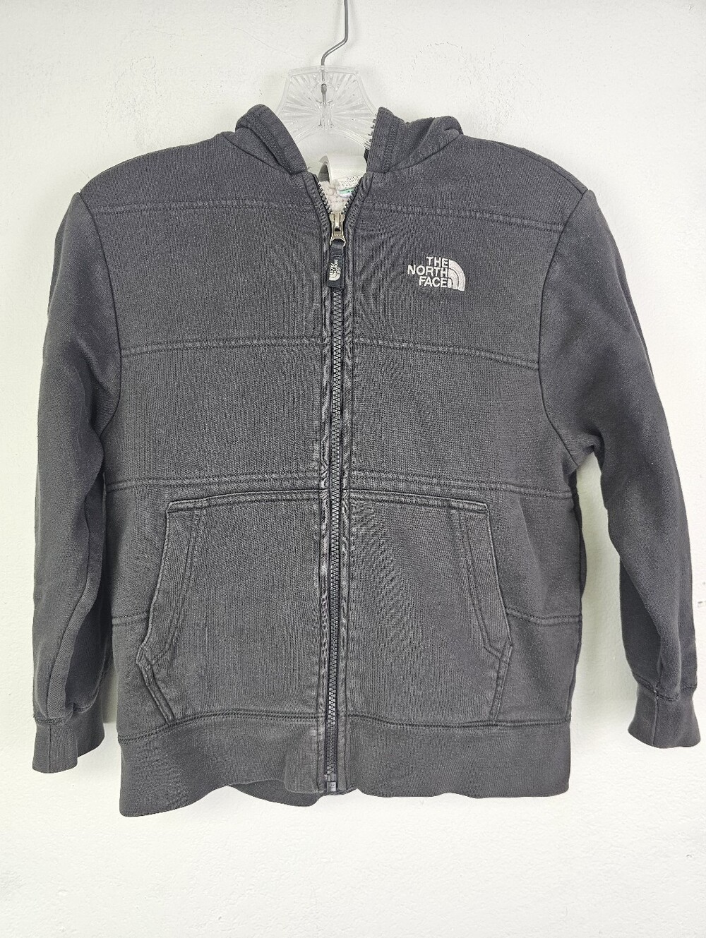 North Face Boys Dark Charcoal Zip Hoodie Fleece Lining Sz 7/8 Small Activewear